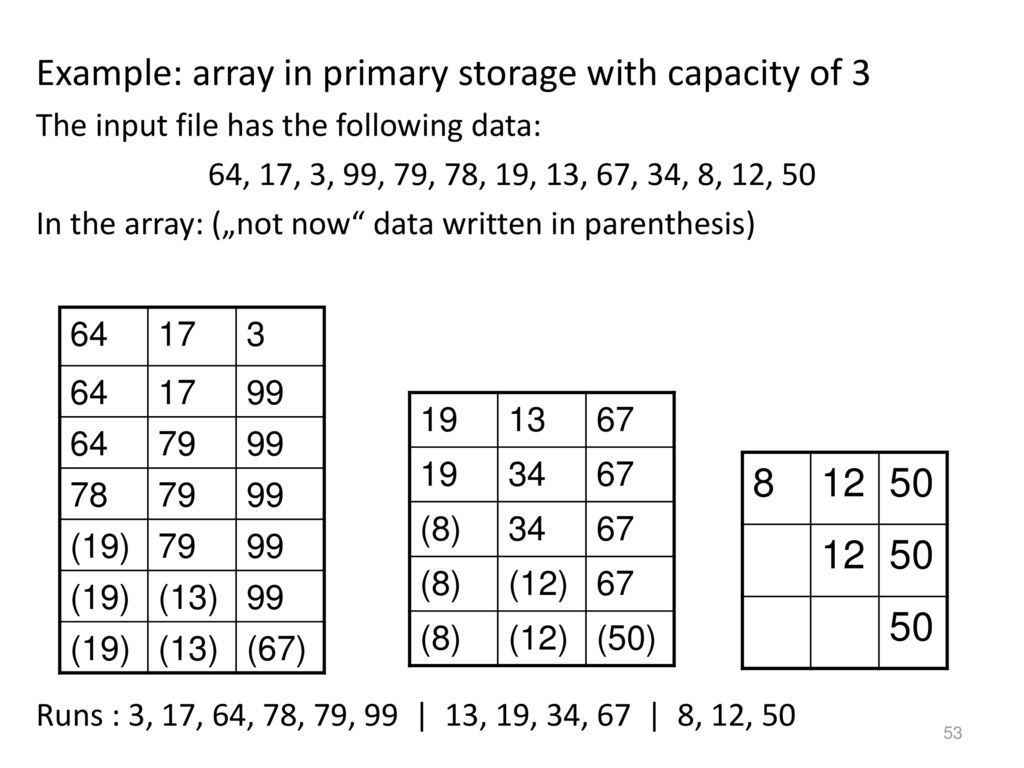 Example: array in primary storage with capacity of 3