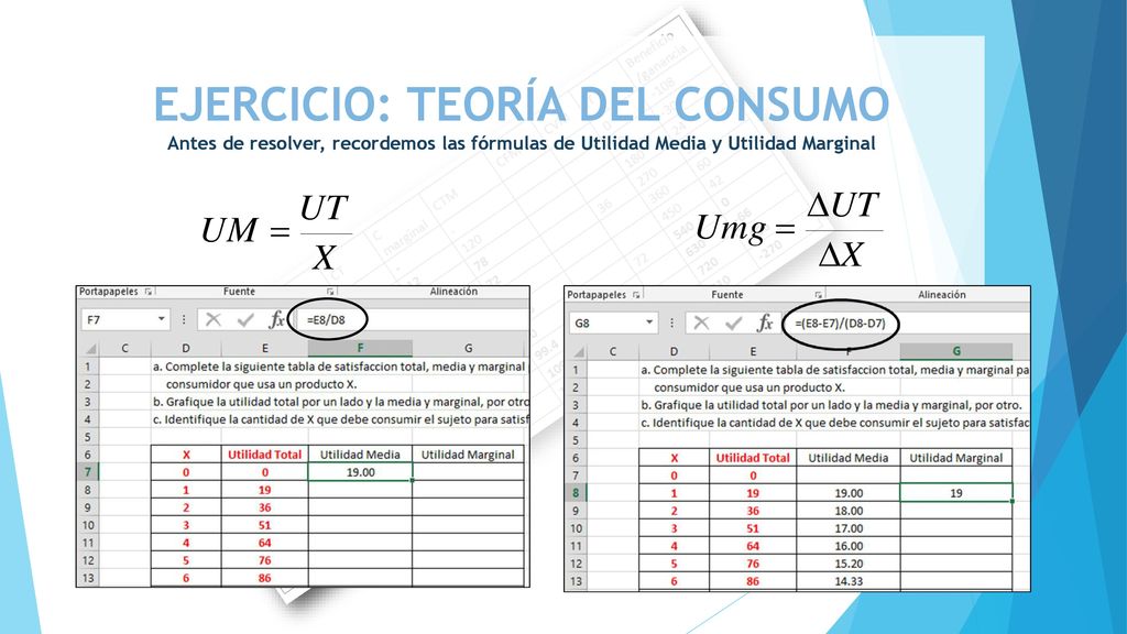 EJERCICIO: TEORÍA DEL CONSUMO Antes de resolver, recordemos las fórmulas de Utilidad Media y Utilidad Marginal