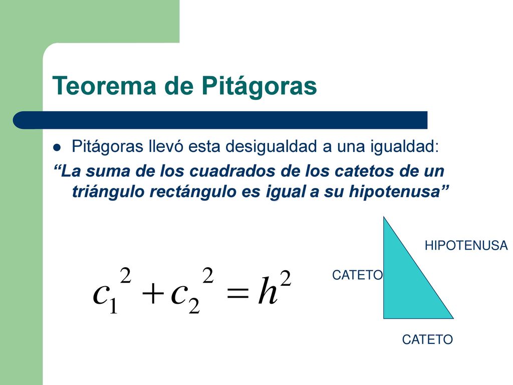 Teorema de Pitágoras Pitágoras llevó esta desigualdad a una igualdad: