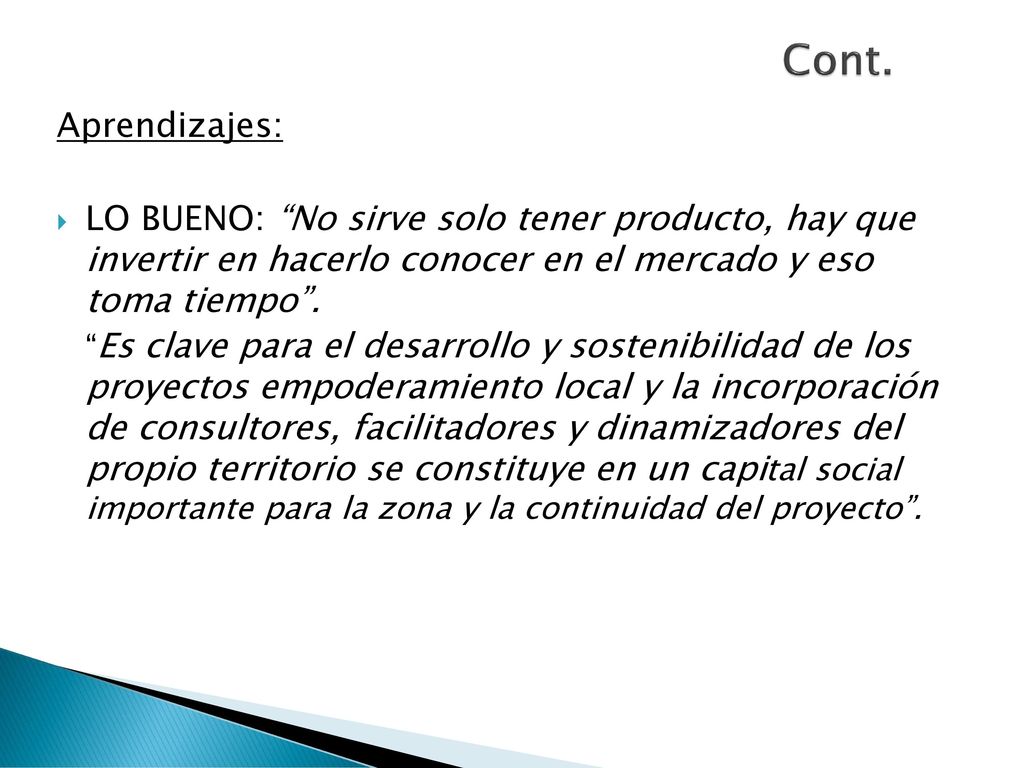 Cont. Aprendizajes: LO BUENO: No sirve solo tener producto, hay que invertir en hacerlo conocer en el mercado y eso toma tiempo .