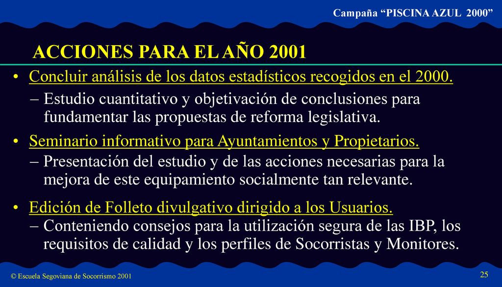 ACCIONES PARA EL AÑO 2001 Concluir análisis de los datos estadísticos recogidos en el