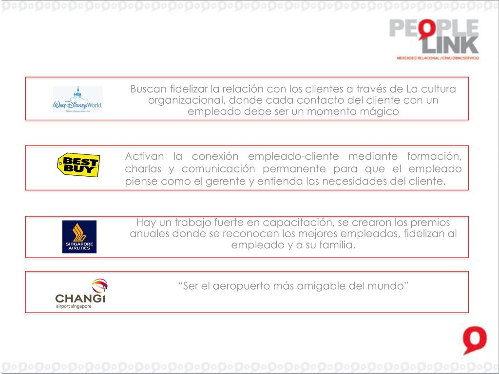 Buscan fidelizar la relación con los clientes a través de La cultura organizacional, donde cada contacto del cliente con un empleado debe ser un momento mágico Activan la conexión empleado-cliente mediante formación, charlas y comunicación permanente para que el empleado piense como el gerente y entienda las necesidades del cliente.