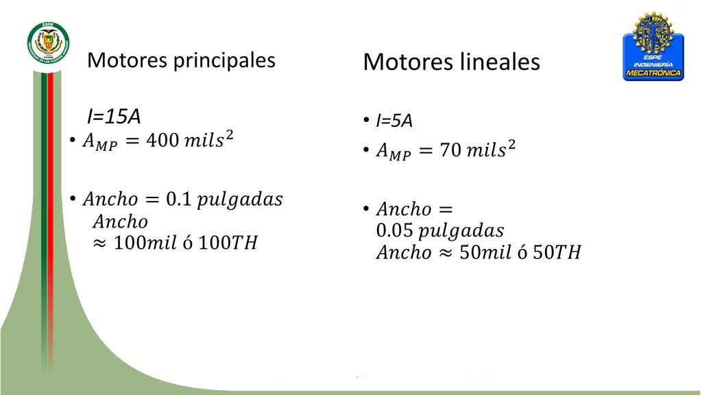 Motores lineales Motores principales I=15A I=5A 𝐴 𝑀𝑃 =70 𝑚𝑖𝑙 𝑠 2