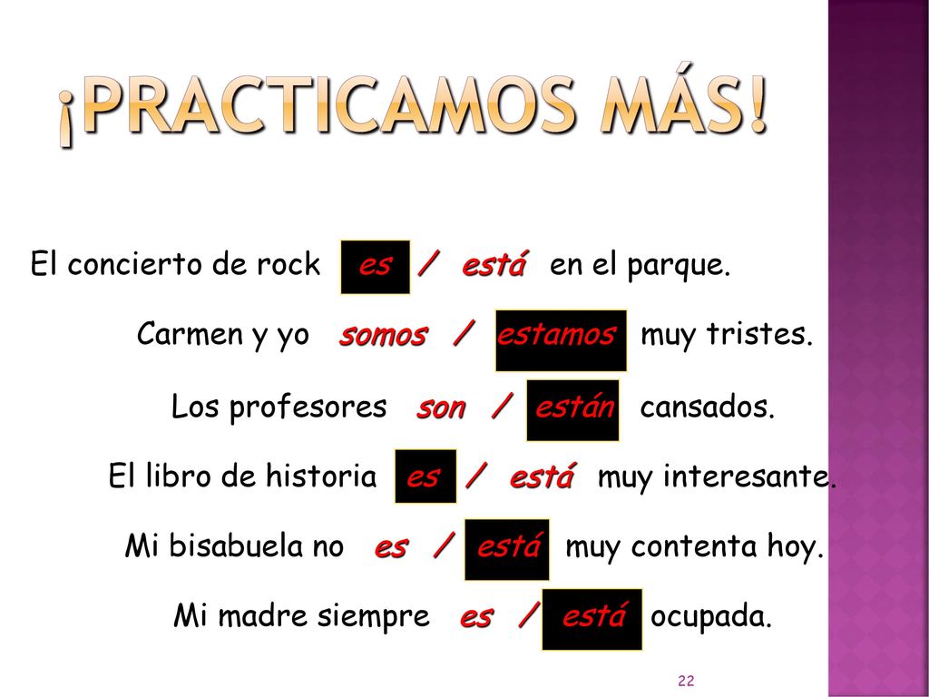 ¡Practicamos más! El concierto de rock es / está en el parque.