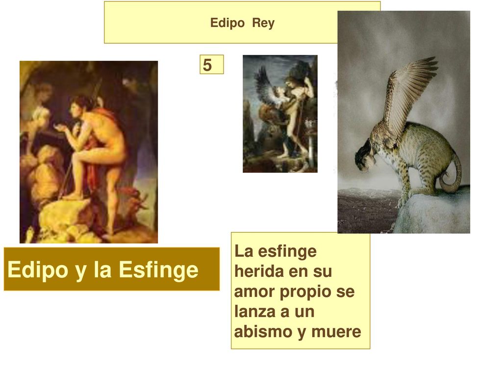 Edipo Rey 5 La esfinge herida en su amor propio se lanza a un abismo y muere Edipo y la Esfinge