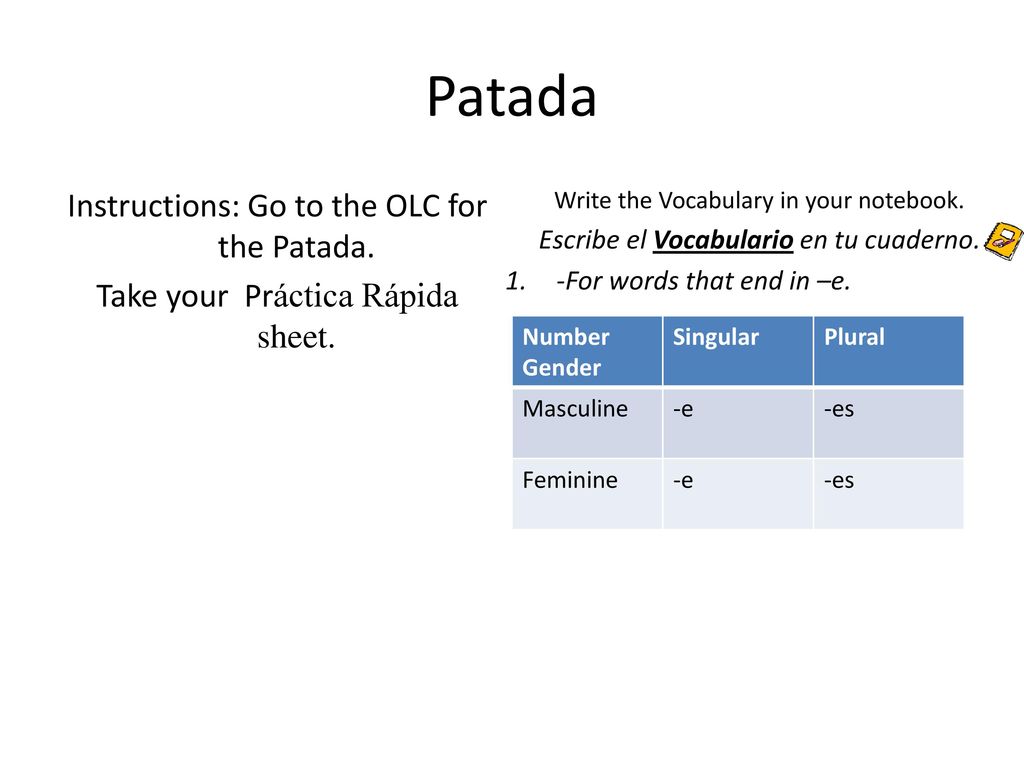 Patada Instructions: Go to the OLC for the Patada. Take your Práctica Rápida sheet. Write the Vocabulary in your notebook.
