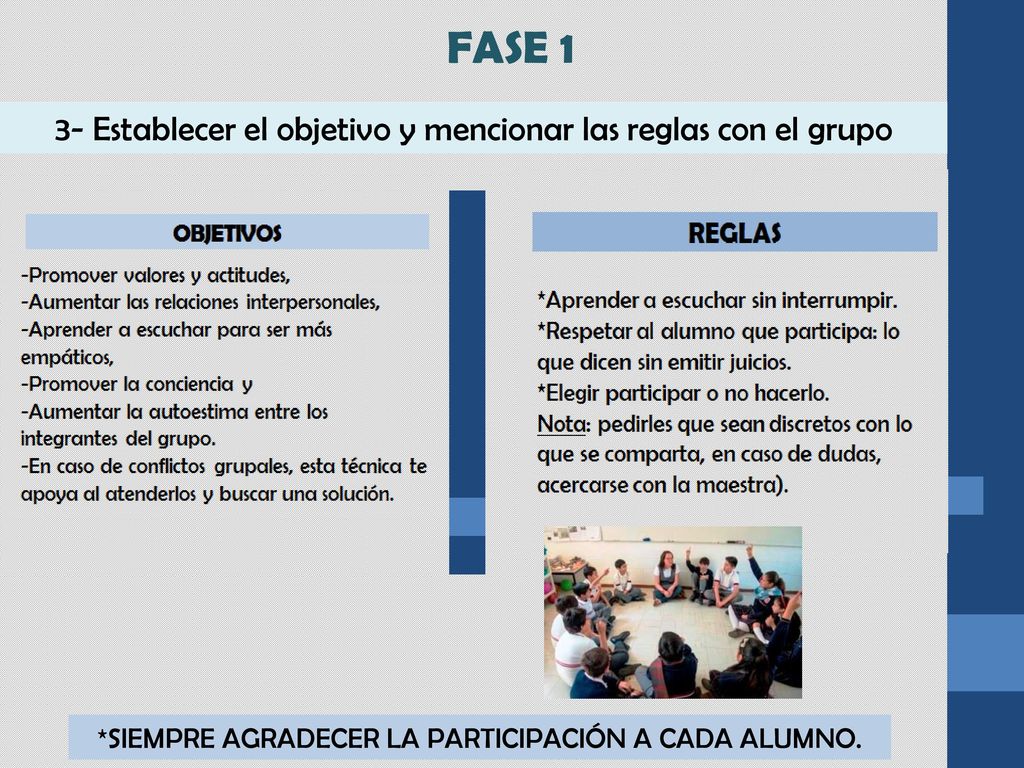 FASE 1 3- Establecer el objetivo y mencionar las reglas con el grupo