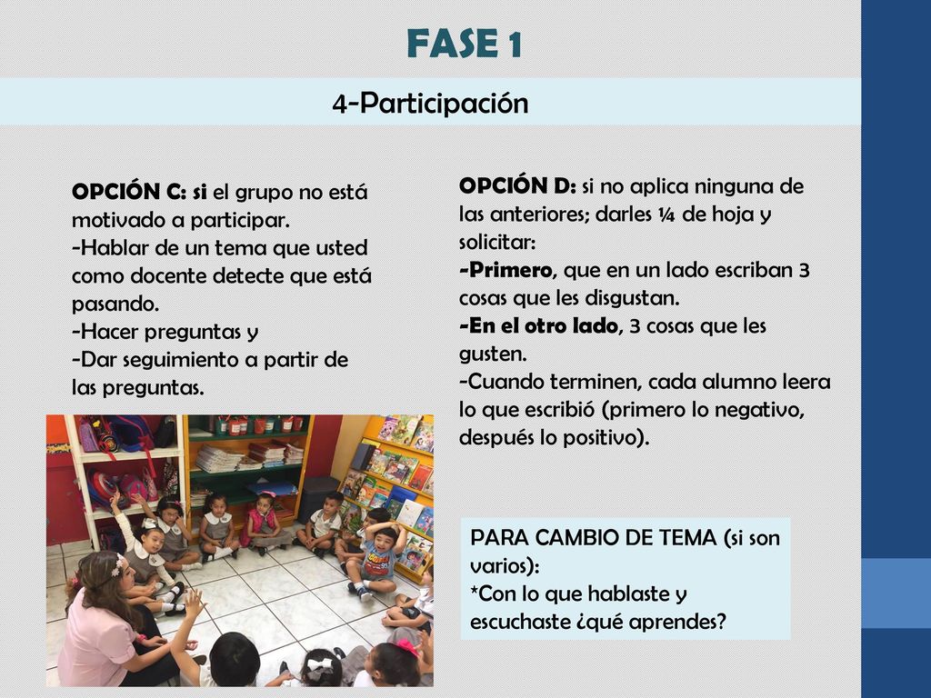 FASE 1 4-Participación. OPCIÓN D: si no aplica ninguna de las anteriores; darles ¼ de hoja y solicitar: