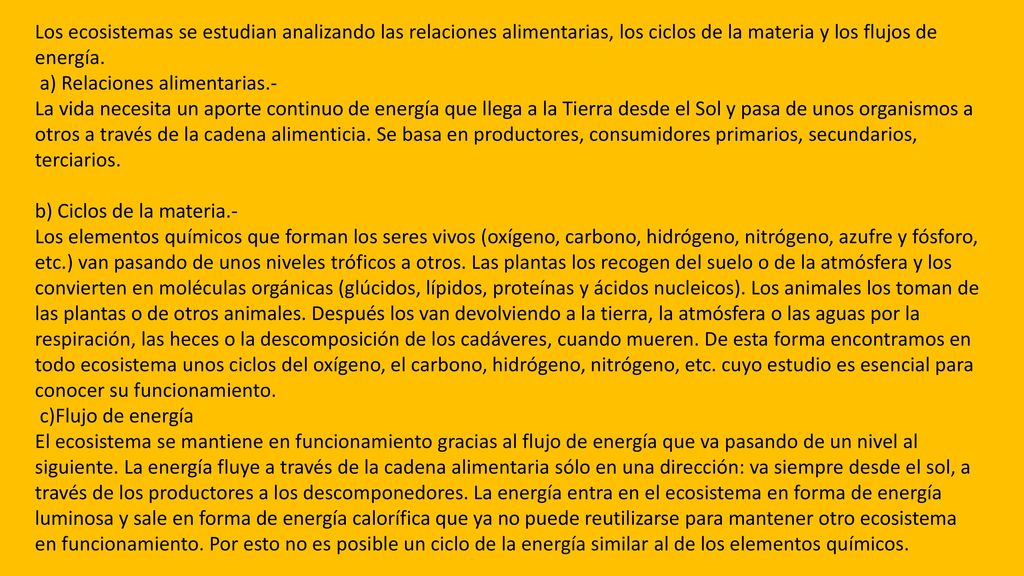 Los ecosistemas se estudian analizando las relaciones alimentarias, los ciclos de la materia y los flujos de energía.