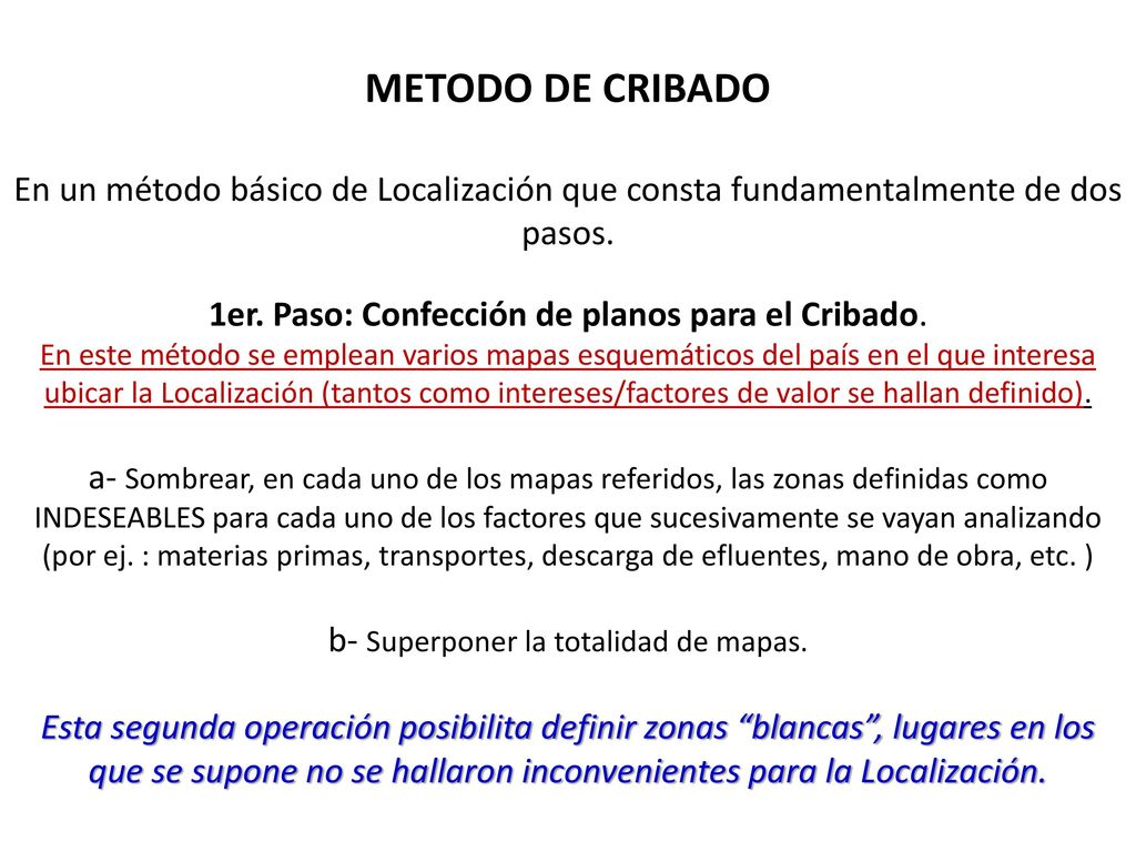METODO DE CRIBADO En un método básico de Localización que consta fundamentalmente de dos pasos.