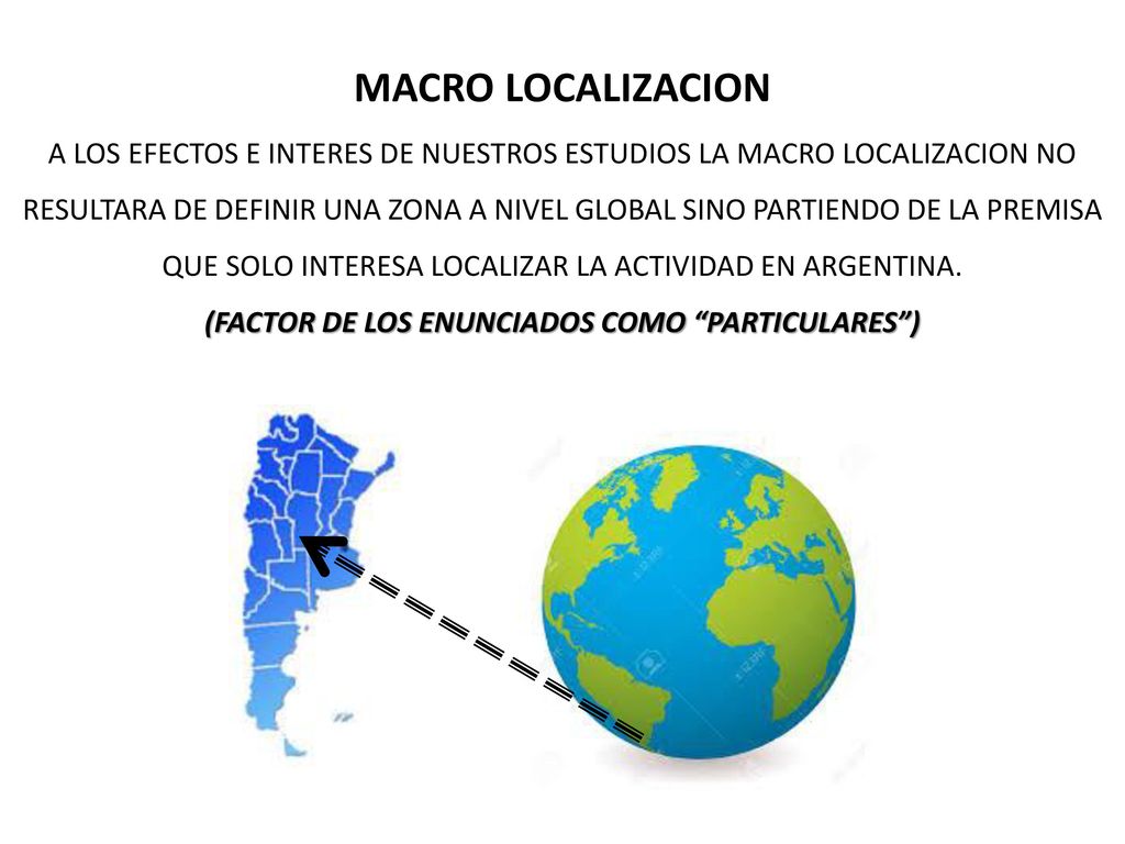 MACRO LOCALIZACION A LOS EFECTOS E INTERES DE NUESTROS ESTUDIOS LA MACRO LOCALIZACION NO RESULTARA DE DEFINIR UNA ZONA A NIVEL GLOBAL SINO PARTIENDO DE LA PREMISA QUE SOLO INTERESA LOCALIZAR LA ACTIVIDAD EN ARGENTINA.