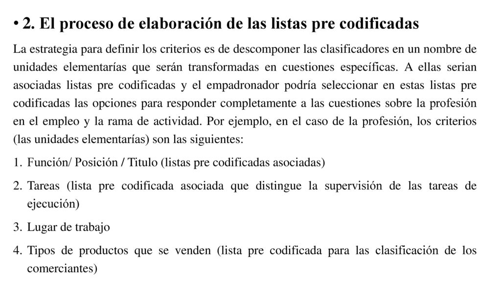 2. El proceso de elaboración de las listas pre codificadas