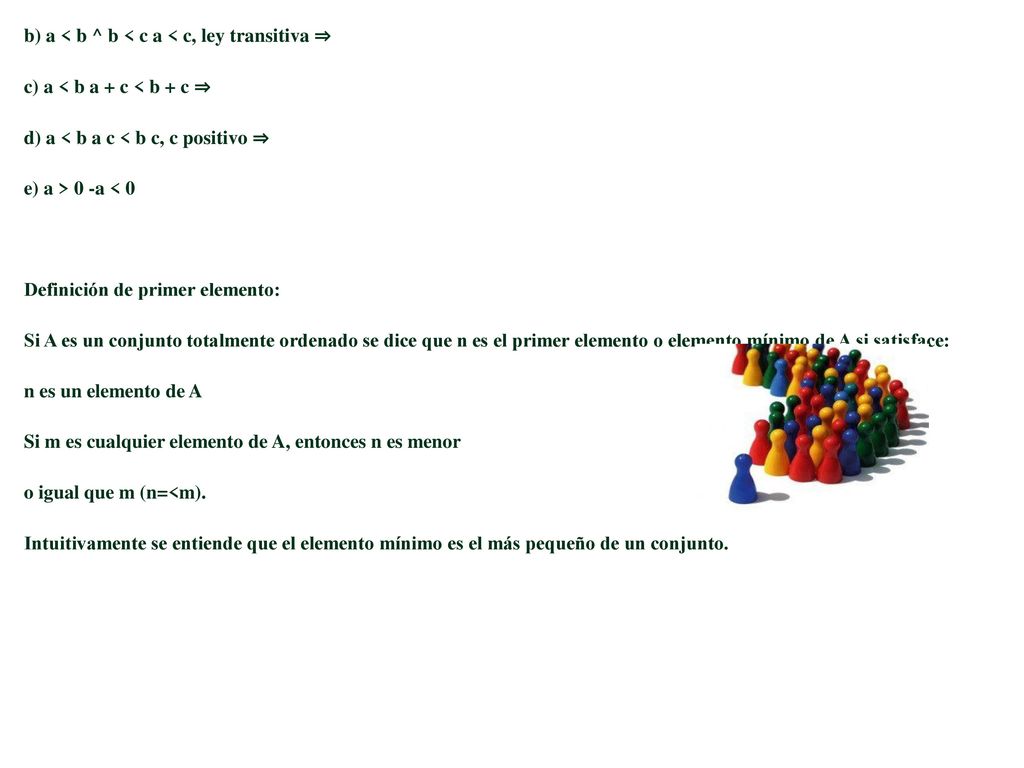 a) b Z+ ↔ b > 0 ∈ b) a < b ^ b < c a < c, ley transitiva ⇒ c) a < b a + c < b + c ⇒ d) a < b a c < b c, c positivo ⇒