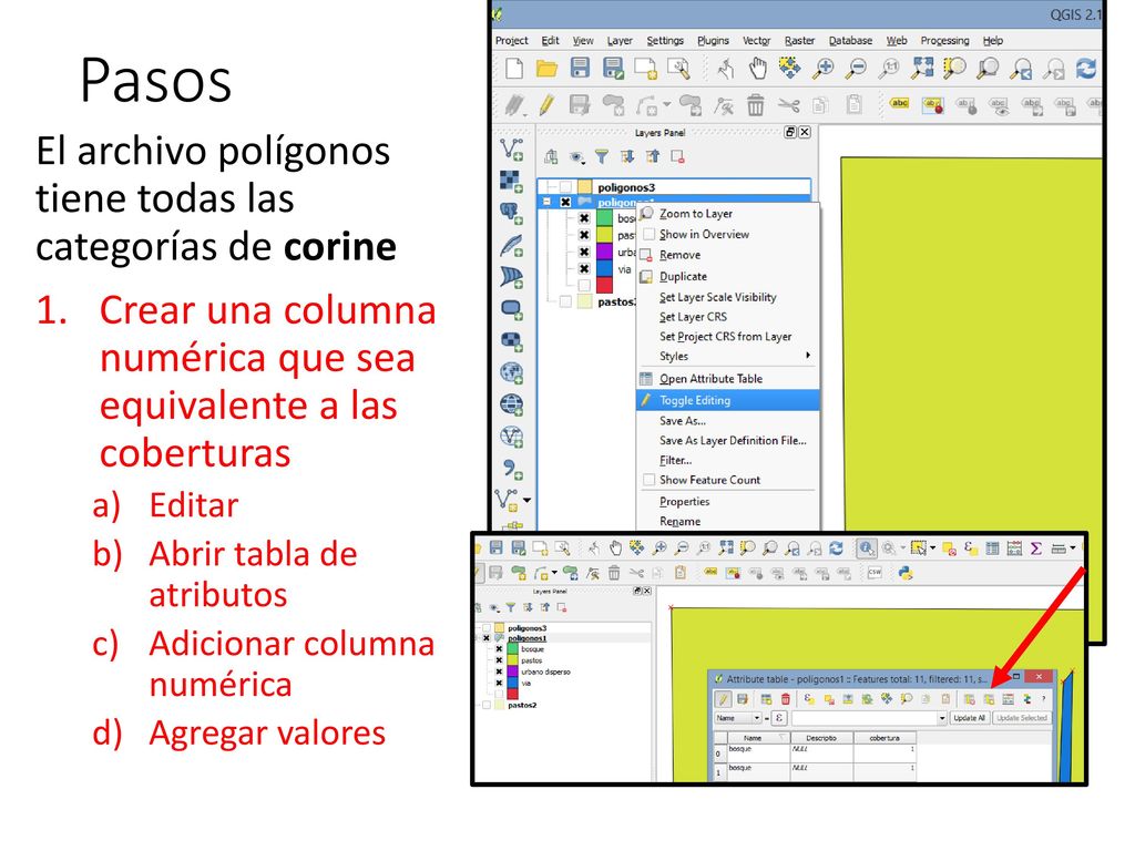 Pasos El archivo polígonos tiene todas las categorías de corine