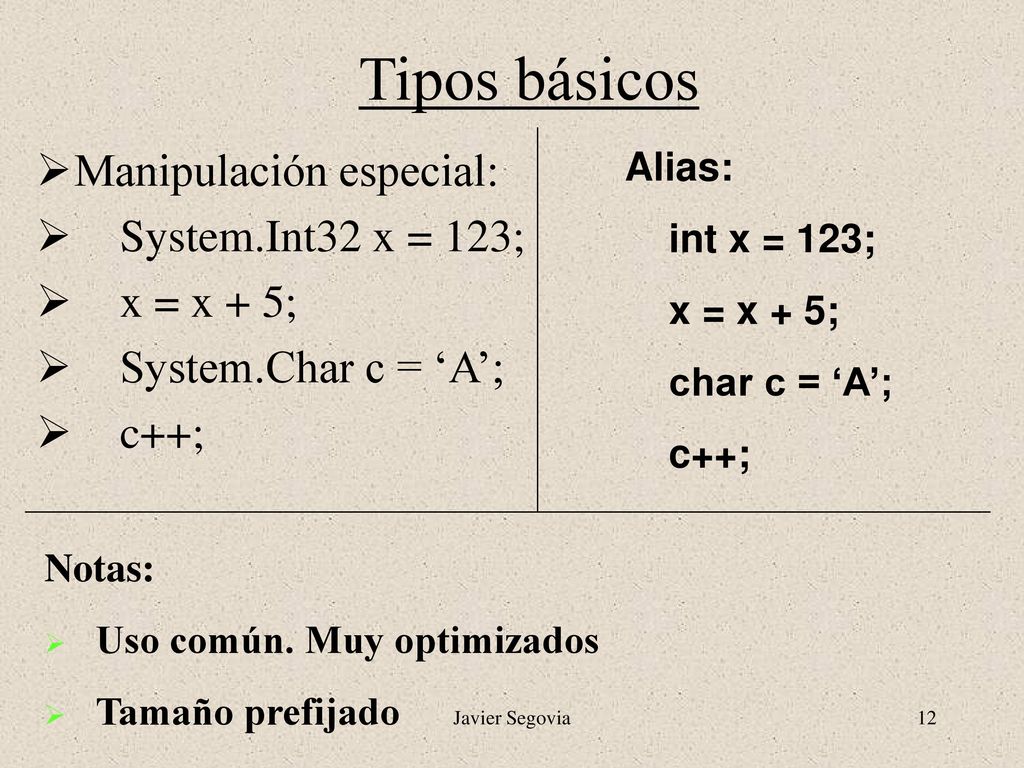 Tipos básicos Manipulación especial: System.Int32 x = 123; x = x + 5;