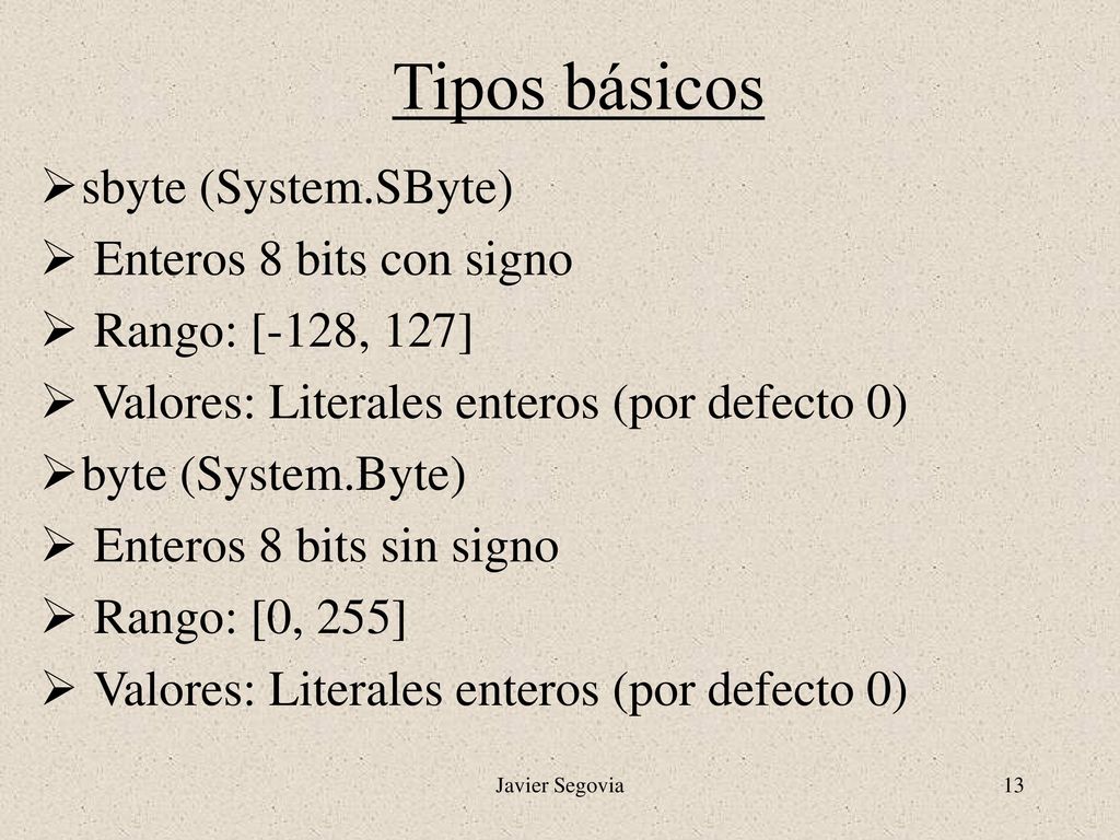 Tipos básicos sbyte (System.SByte) Enteros 8 bits con signo