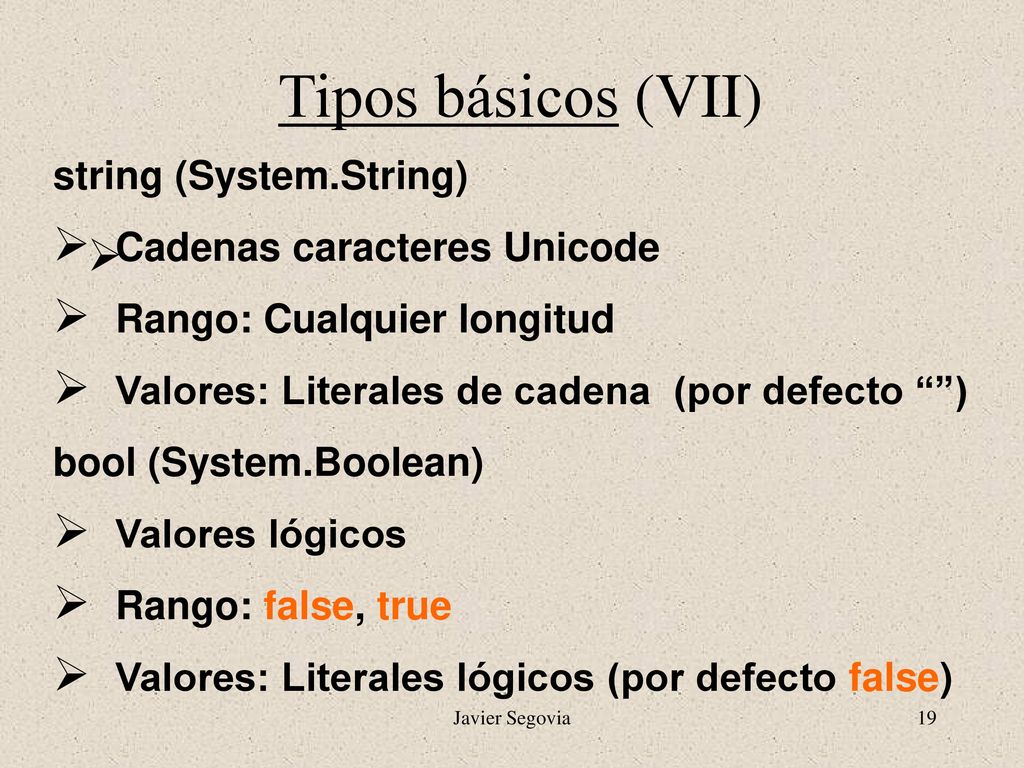 Tipos básicos (VII) string (System.String) Cadenas caracteres Unicode