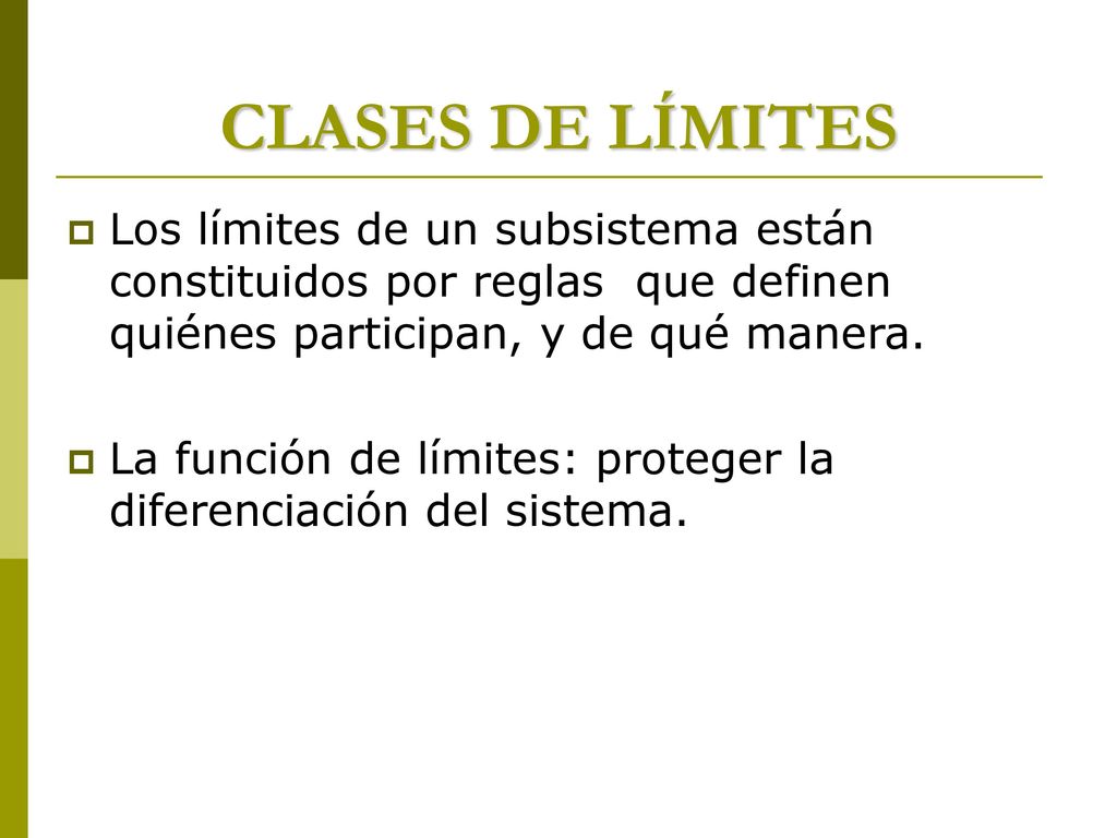 CLASES DE LÍMITES Los límites de un subsistema están constituidos por reglas que definen quiénes participan, y de qué manera.