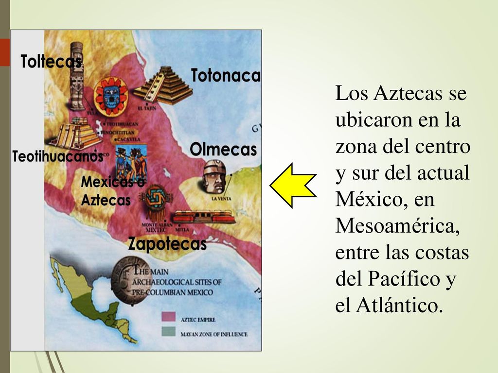 Los Aztecas se ubicaron en la zona del centro y sur del actual México, en Mesoamérica, entre las costas del Pacífico y el Atlántico.