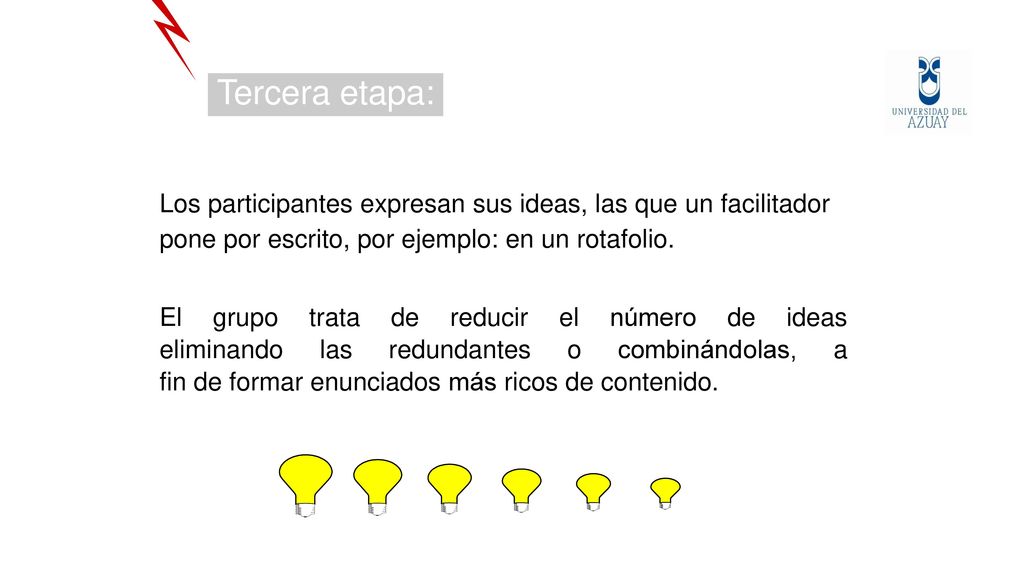 Tercera etapa: Los participantes expresan sus ideas, las que un facilitador pone por escrito, por ejemplo: en un rotafolio.