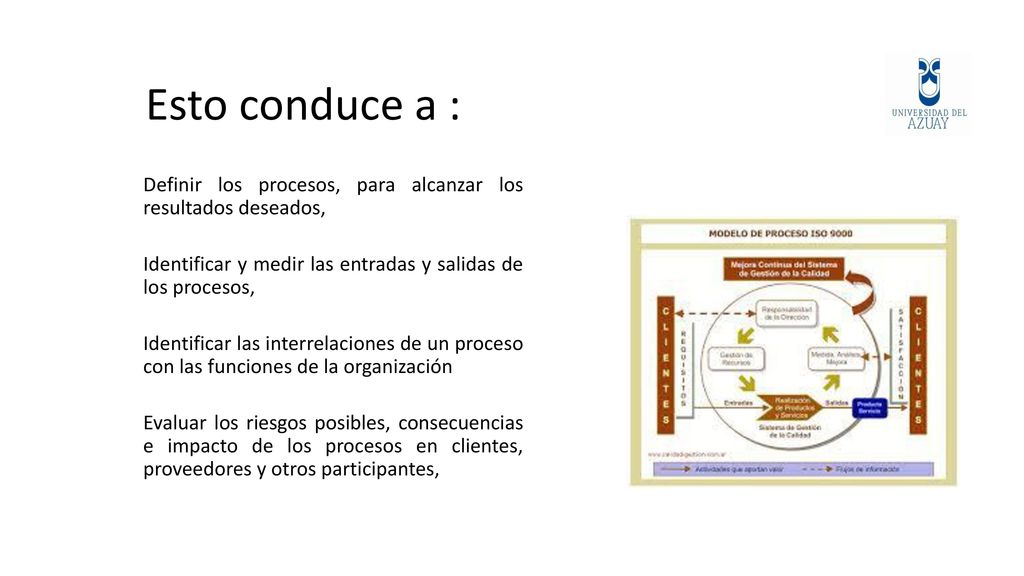 Esto conduce a : Definir los procesos, para alcanzar los resultados deseados, Identificar y medir las entradas y salidas de los procesos,