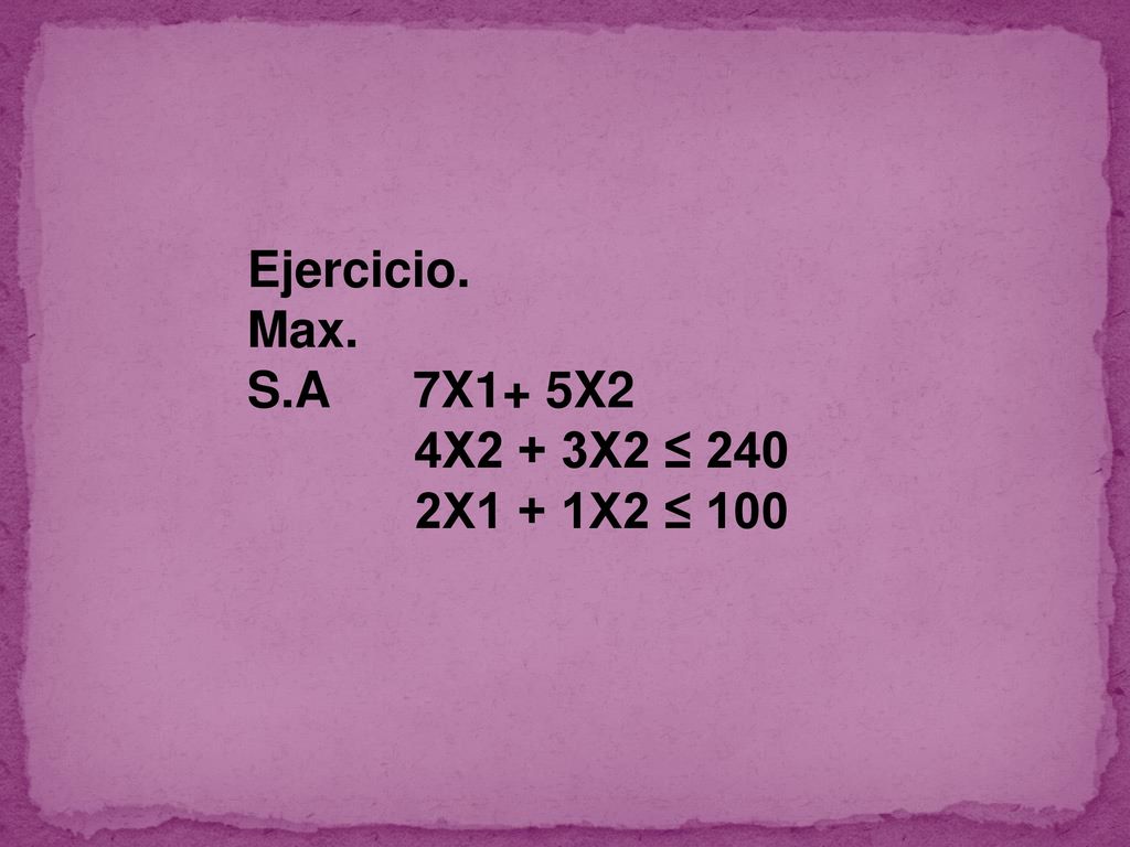 Ejercicio. Max. S.A 7X1+ 5X2 4X2 + 3X2 ≤ 240 2X1 + 1X2 ≤ 100