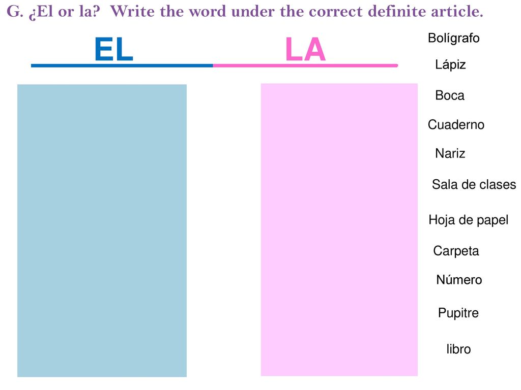 G. ¿El or la Write the word under the correct definite article.