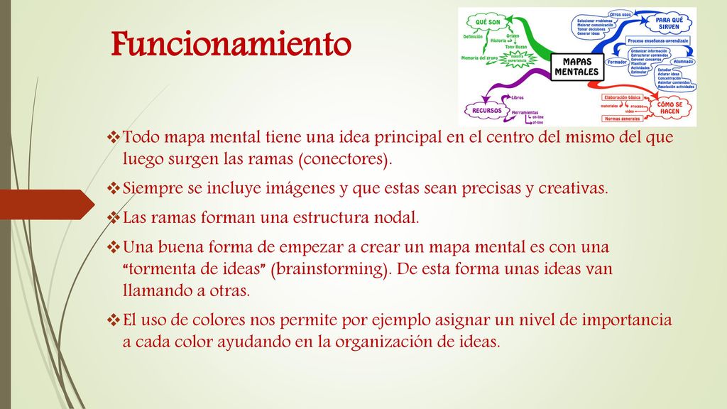 Funcionamiento Todo mapa mental tiene una idea principal en el centro del mismo del que luego surgen las ramas (conectores).