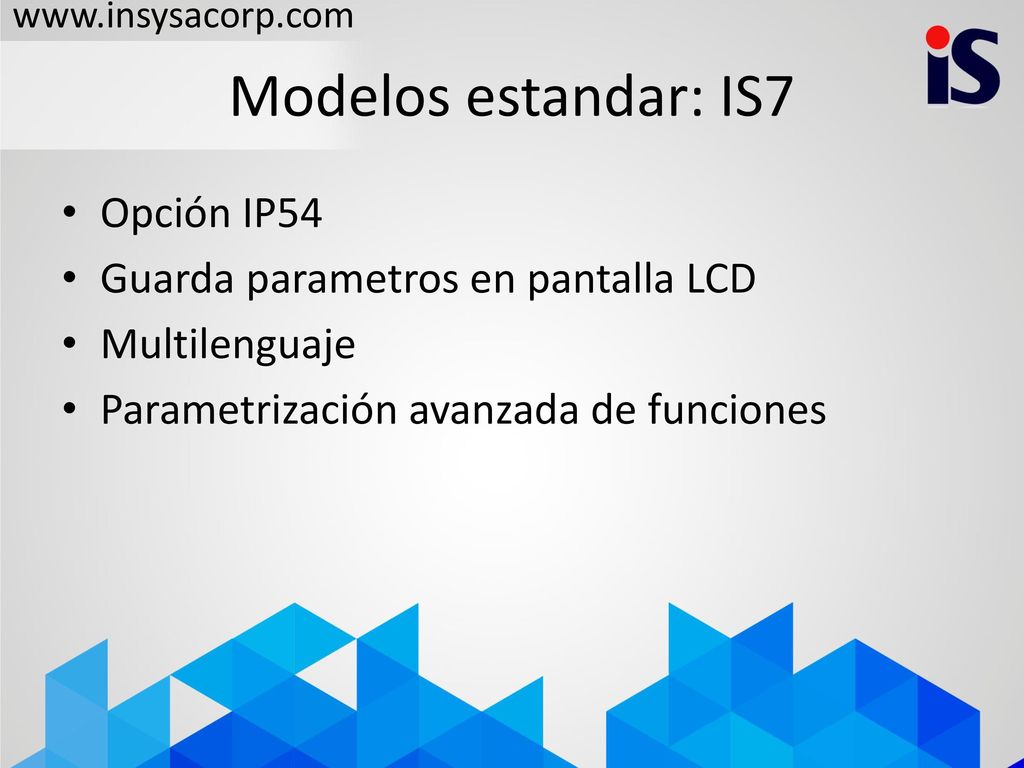 Modelos estandar: IS7 Opción IP54 Guarda parametros en pantalla LCD
