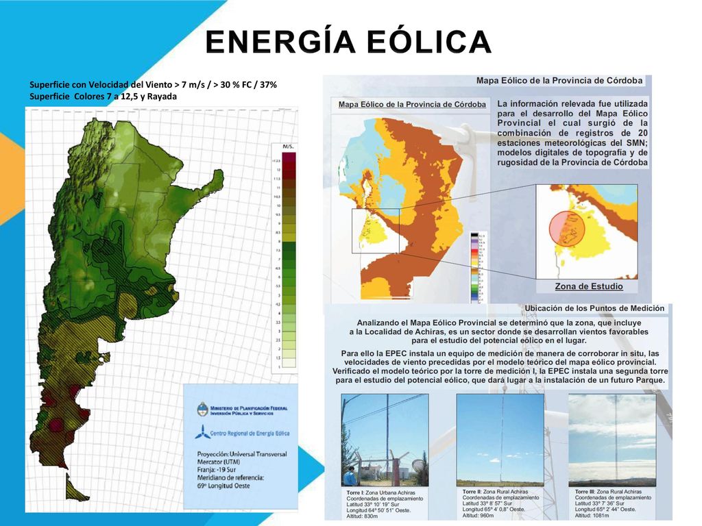 ENERGÍA EÓLICA Superficie con Velocidad del Viento > 7 m/s / > 30 % FC / 37% Superficie Colores 7 a 12,5 y Rayada.