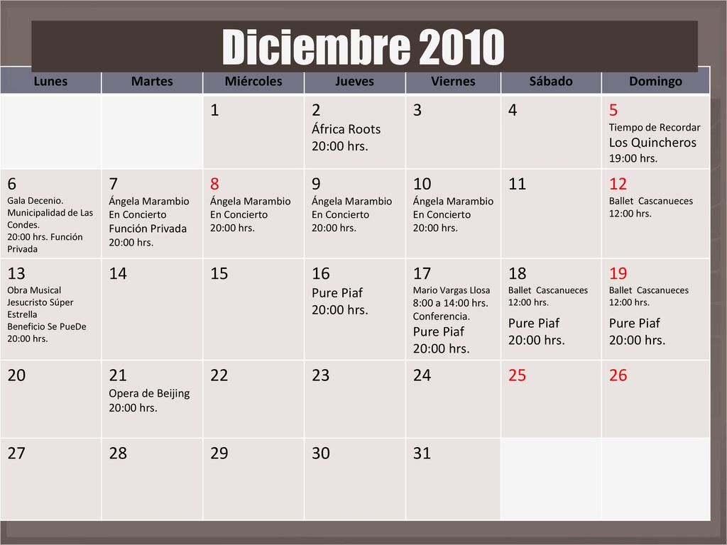 Diciembre 2010 Lunes. Martes. Miércoles. Jueves. Viernes. Sábado. Domingo África Roots.