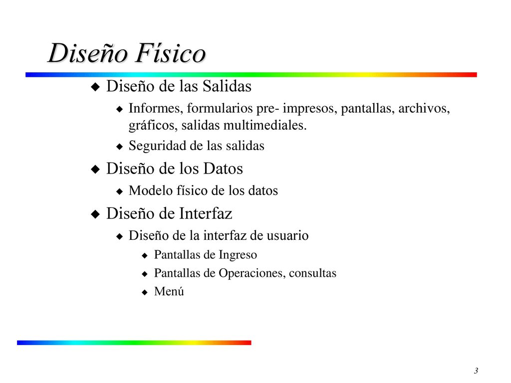 Diseño Físico Diseño de las Salidas Diseño de los Datos