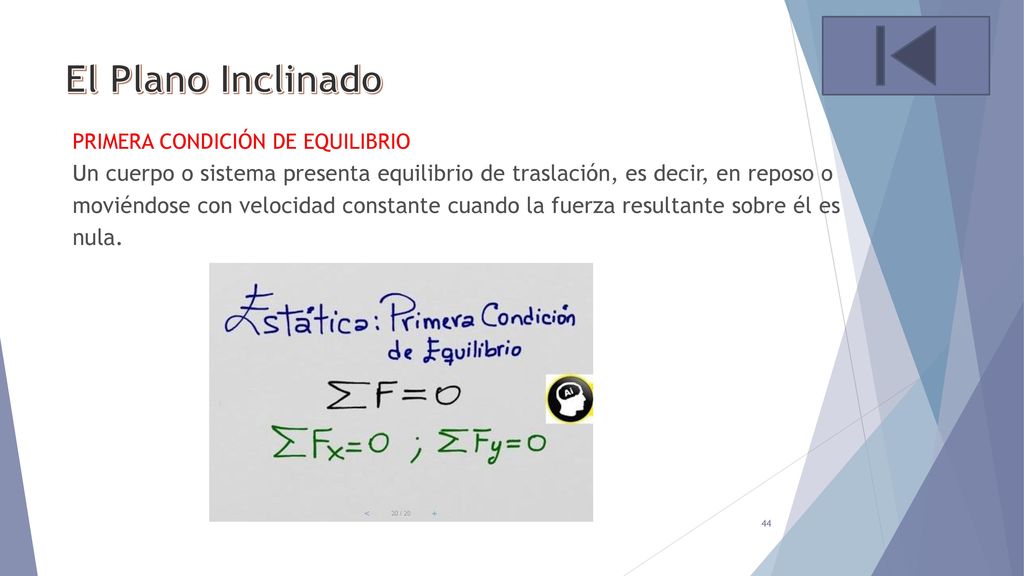El Plano Inclinado PRIMERA CONDICIÓN DE EQUILIBRIO. Un cuerpo o sistema presenta equilibrio de traslación, es decir, en reposo o.