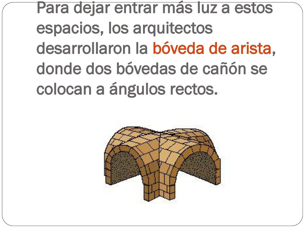 Para dejar entrar más luz a estos espacios, los arquitectos desarrollaron la bóveda de arista, donde dos bóvedas de cañón se colocan a ángulos rectos.