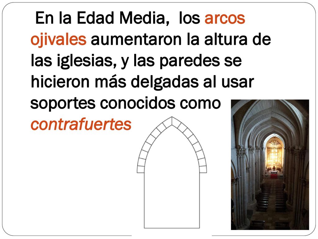 En la Edad Media, los arcos ojivales aumentaron la altura de las iglesias, y las paredes se hicieron más delgadas al usar soportes conocidos como contrafuertes.