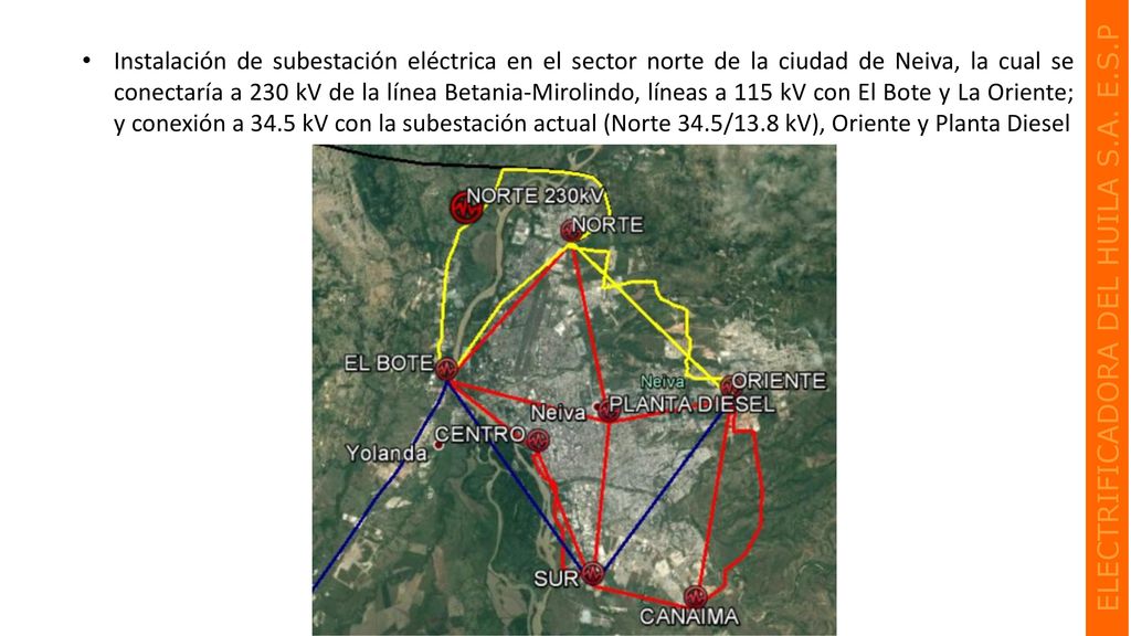 Instalación de subestación eléctrica en el sector norte de la ciudad de Neiva, la cual se conectaría a 230 kV de la línea Betania-Mirolindo, líneas a 115 kV con El Bote y La Oriente; y conexión a 34.5 kV con la subestación actual (Norte 34.5/13.8 kV), Oriente y Planta Diesel
