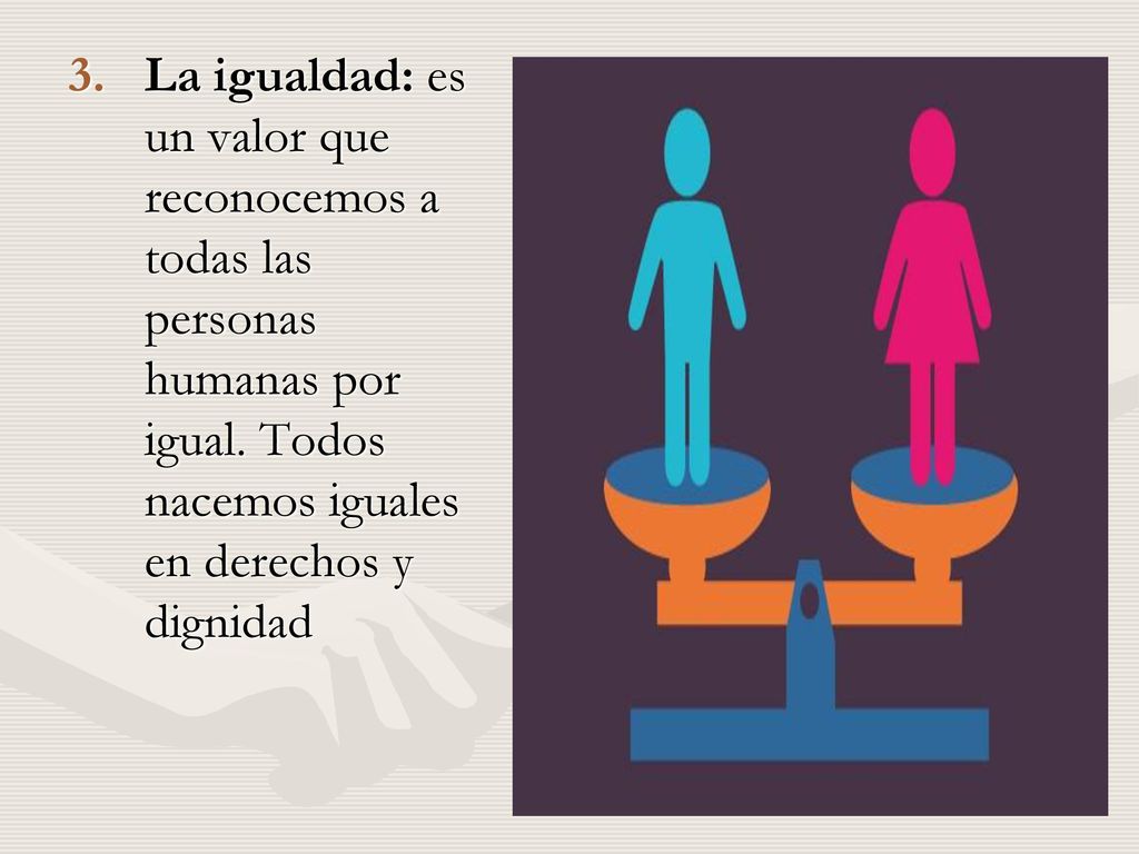 La igualdad: es un valor que reconocemos a todas las personas humanas por igual.