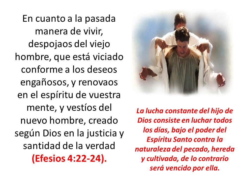 En cuanto a la pasada manera de vivir, despojaos del viejo hombre, que está viciado conforme a los deseos engañosos, y renovaos en el espíritu de vuestra mente, y vestíos del nuevo hombre, creado según Dios en la justicia y santidad de la verdad (Efesios 4:22-24).