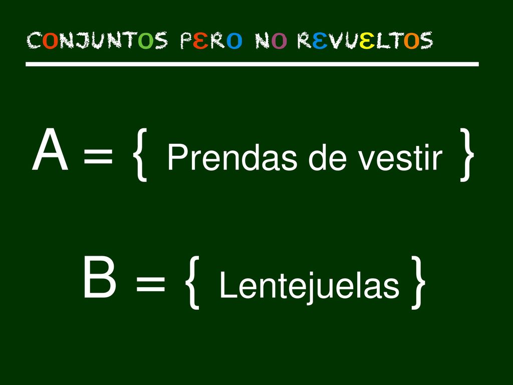 A = { Prendas de vestir } B = { Lentejuelas } Más ejemplos…