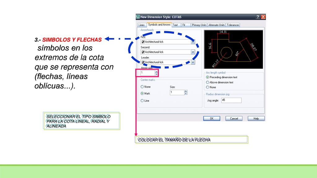 3.- SIMBOLOS Y FLECHAS símbolos en los extremos de la cota que se representa con (flechas, líneas oblícuas...).