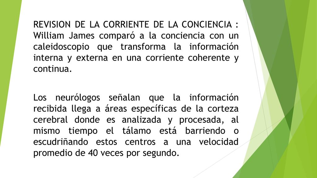 REVISION DE LA CORRIENTE DE LA CONCIENCIA : William James comparó a la conciencia con un caleidoscopio que transforma la información interna y externa en una corriente coherente y continua.