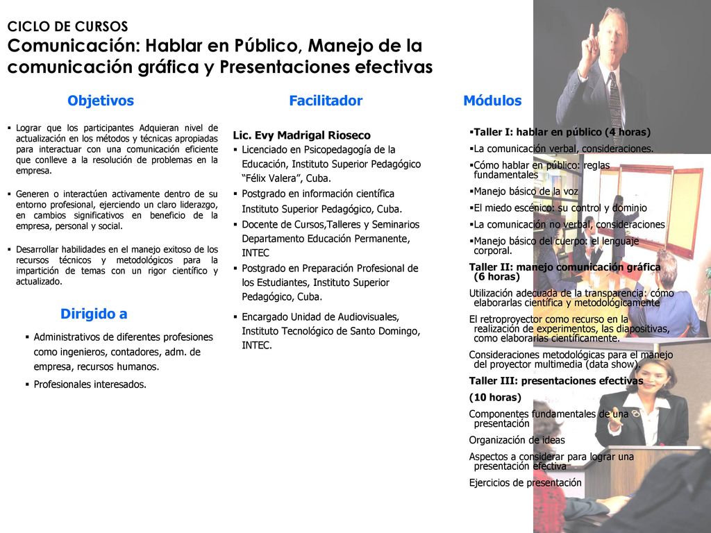 CICLO DE CURSOS Comunicación: Hablar en Público, Manejo de la comunicación gráfica y Presentaciones efectivas.