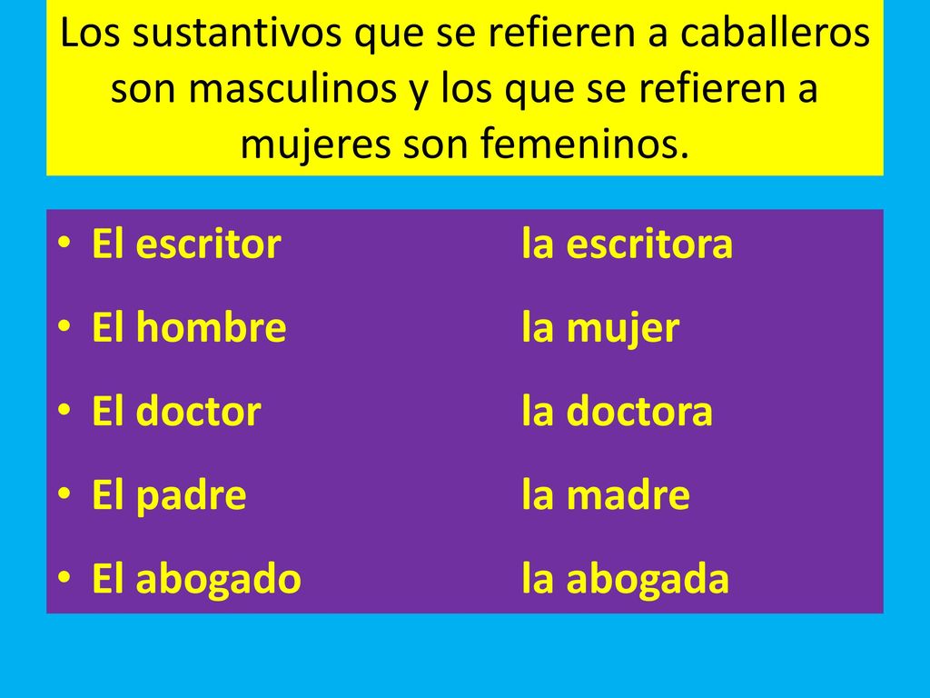 Los sustantivos que se refieren a caballeros son masculinos y los que se refieren a mujeres son femeninos.