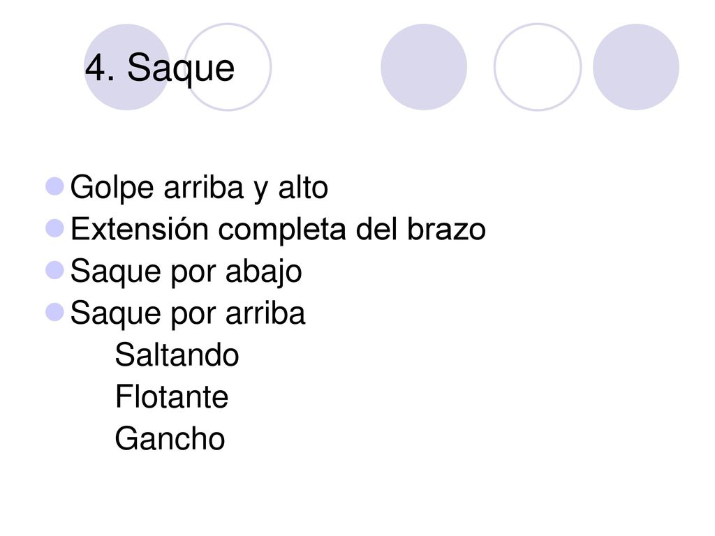 4. Saque Golpe arriba y alto Extensión completa del brazo