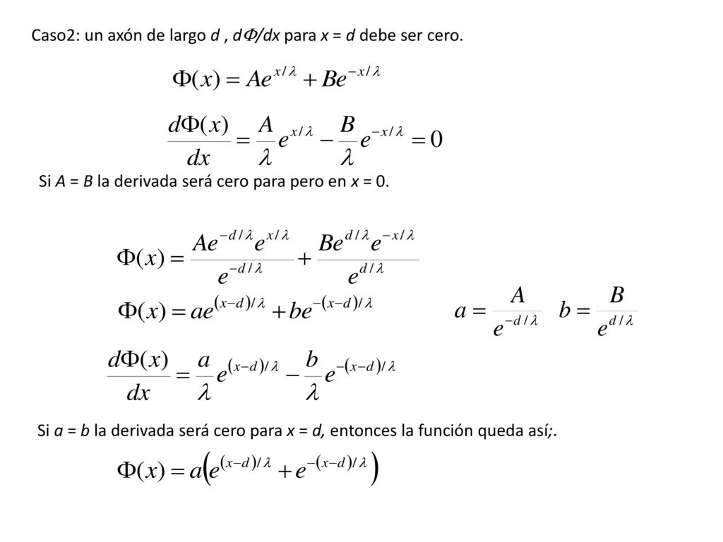 Caso2: un axón de largo d , d/dx para x = d debe ser cero.