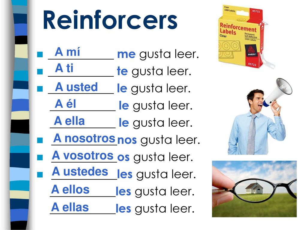 Reinforcers A mí ___________ me gusta leer. ___________ te gusta leer.