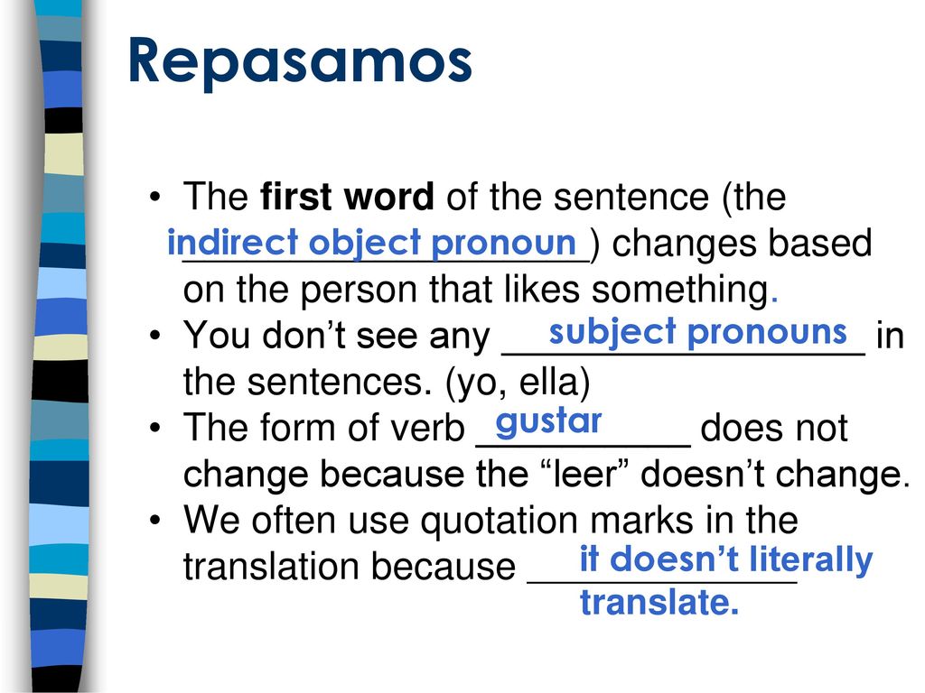 Repasamos indirect object pronoun. The first word of the sentence (the ___________________) changes based on the person that likes something.