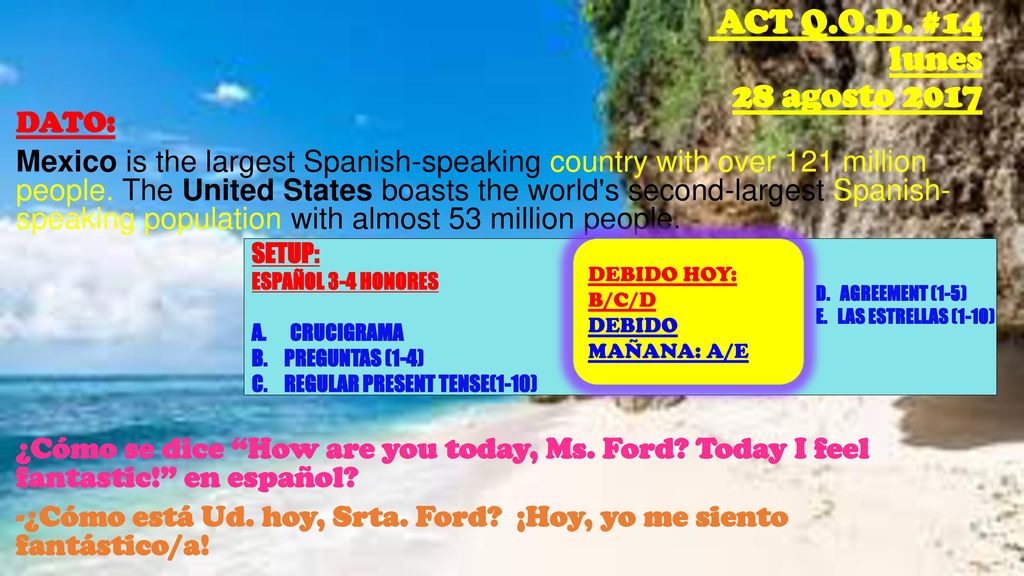DATO: Mexico is the largest Spanish-speaking country with over 121 million people. The United States boasts the world s second-largest Spanish- speaking population with almost 53 million people. ¿Cómo se dice How are you today, Ms. Ford Today I feel fantastic! en español -¿Cómo está Ud. hoy, Srta. Ford ¡Hoy, yo me siento fantástico/a!