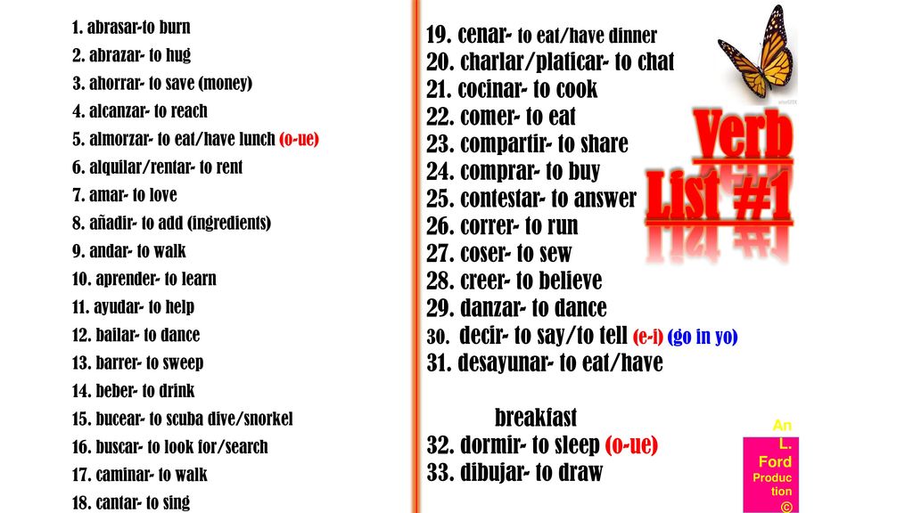 Verb List #1 19. cenar- to eat/have dinner