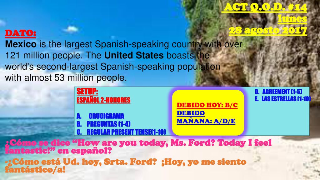 DATO: Mexico is the largest Spanish-speaking country with over 121 million people. The United States boasts the world s second-largest Spanish-speaking population with almost 53 million people. ¿Cómo se dice How are you today, Ms. Ford Today I feel fantastic! en español -¿Cómo está Ud. hoy, Srta. Ford ¡Hoy, yo me siento fantástico/a!